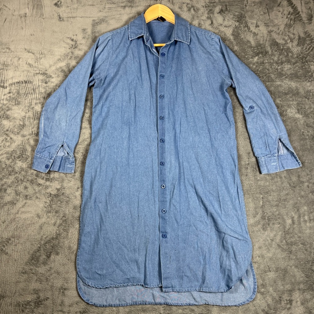 Taxi Shirt Dress Womens Medium Blue Chambray Pleats Roll Tab Sleeve Button Front